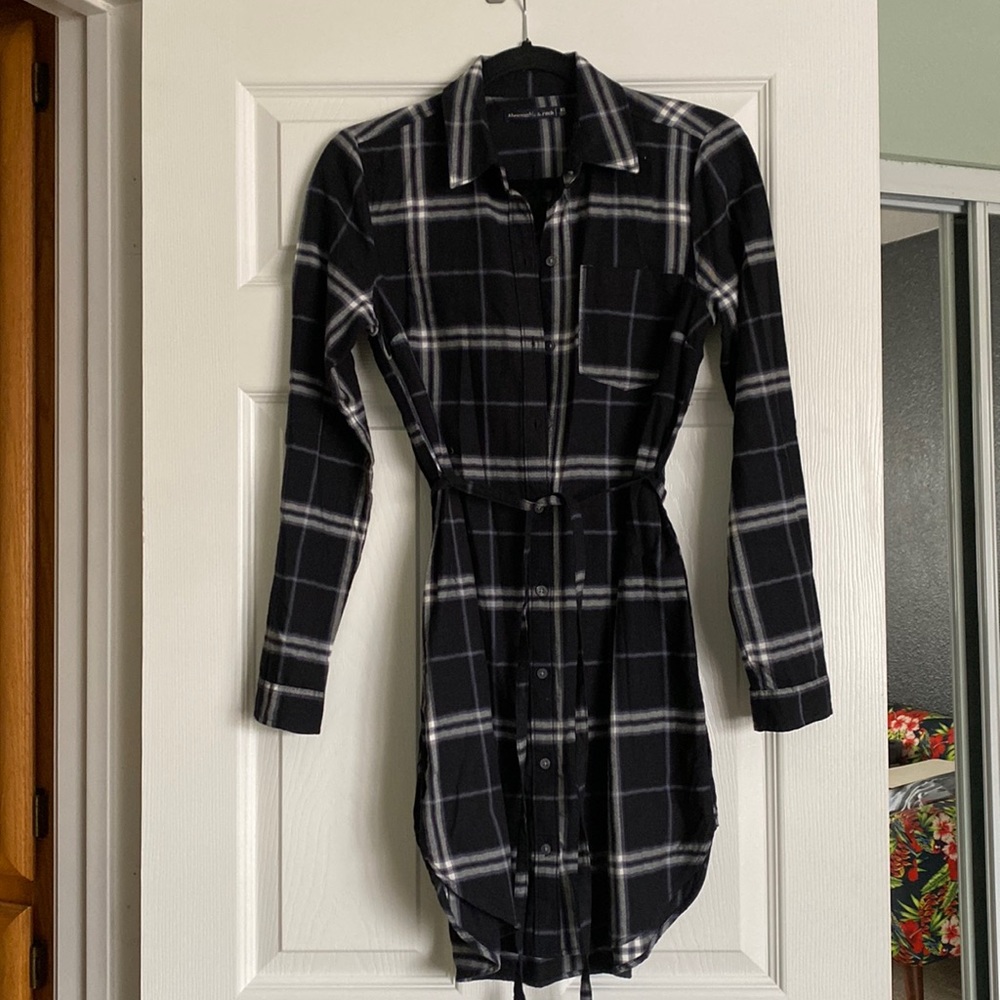 Abercrombie & Fitch Flannel Shirt Dress Womens XS Plaid Button Front Waist Tie